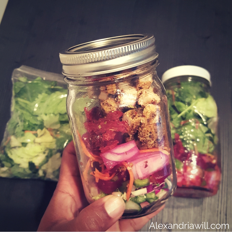 easy and affordable vegetarian weekly meal prep on the massy30day challenge dinner salad option with mason jars